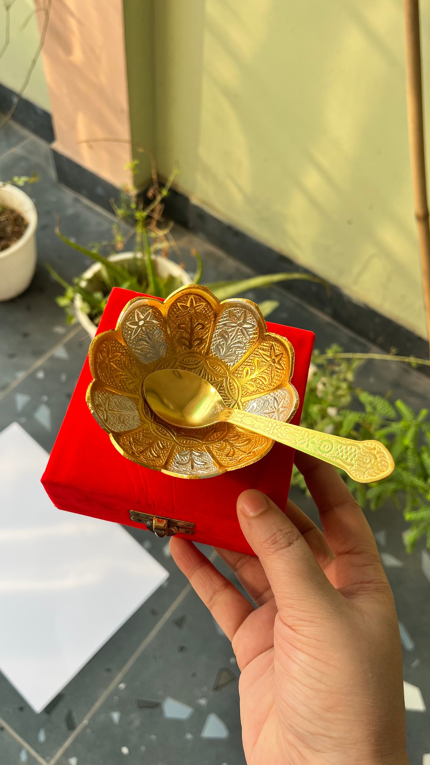 German Silver Gold plated bowl and spoon set