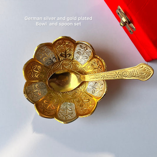 German Silver Gold plated bowl and spoon set
